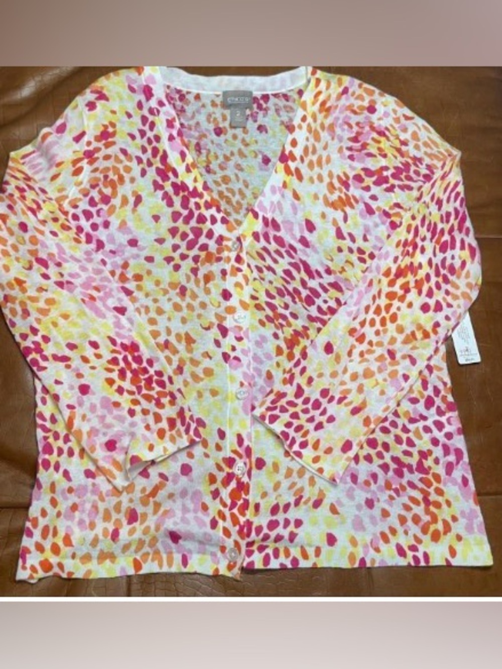 Chico's Pink, Orange & Yellow Multi Dot V-Neck Cardigan 2 (12/large) NWT